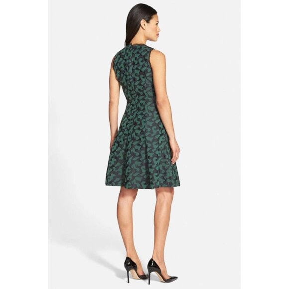 PINK TARTAN Alvina Green Black Camo Jacquard Silk Trim Fit & Flare Dress, Size 8 - Picture 2 of 13